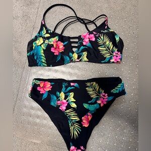 Cupshe Black Bikini with Pink and Yellow Floral Design